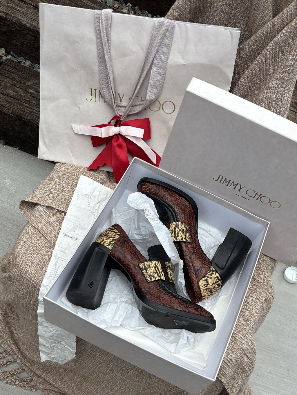 Jimmy Choo Snake Skin Loafer Heels Sz 7.5 Nwt Box,Bag, And Receipt